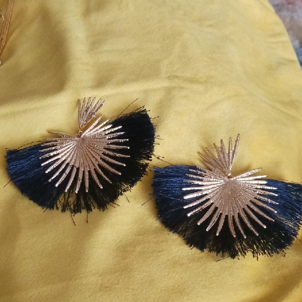 Elegant Gold and Navy Blue Fan Earrings